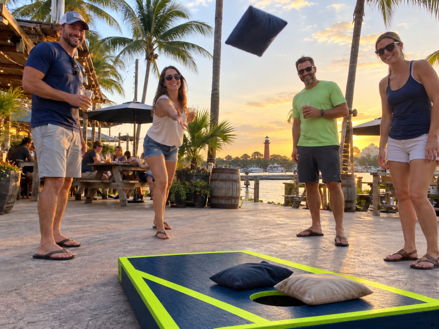 AI-generated concept photo of cornhole near Jupiter Lighthouse